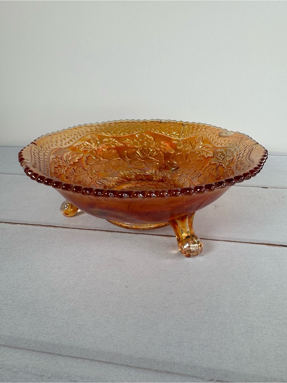 Vintage Imperial Glass Lustre Rose Marigold Carnival Glass Footed Bowl
